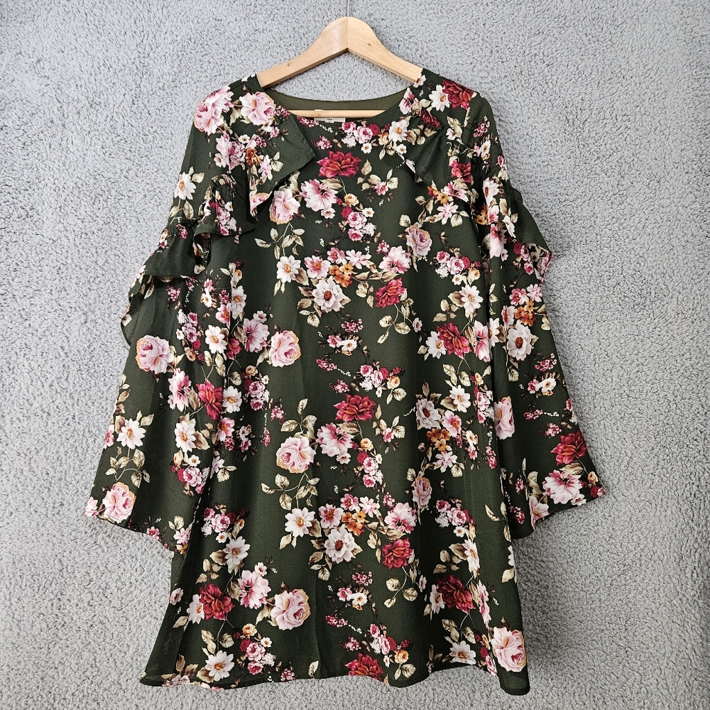 Entro Green Floral Mini Dress Small S Long Bell Sleeve Ruffled Roses Boho Flowy